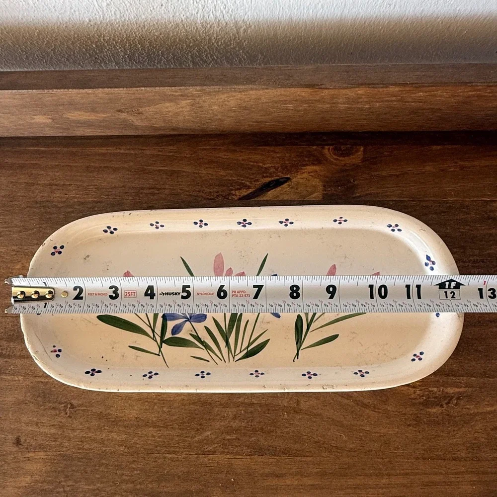 Vintage Hand Painted Floral Ceramic Tray Oval Folk Art Decorative Platter Cream